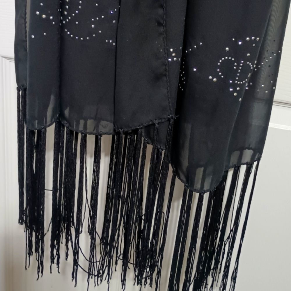 CD Rhinestone Sheer Black Fringe Scarf Unique Stylish Fancy - Picture 2 of 13